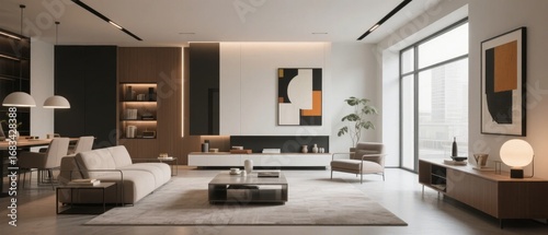 Modern Living Room with Sleek Furniture and Large Windows