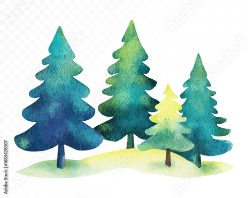 Set of colorful watercolor pine trees in shades of green, blue, and yellow, perfect for creative landscape design, fairytale forest scenes, and children’s illustration. Vector illustration.