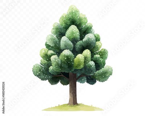 Handpainted watercolor tree with fluffy rounded crown in vibrant green, standing on soft ground, perfect for eco illustrations, landscape design, and garden art. Vector illustration.