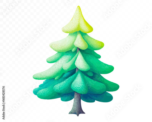 Watercolor illustration of a lush evergreen pine tree with layered green conifer branches, natural forest element, isolated on white. Vector illustration.