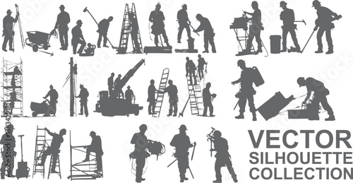 Construction Worker Silhouette Collection. Construction workers are working wearing safety helmets. Vector eps 10