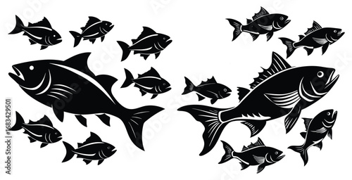 Silhouette of Fish eagerly chasing bait under water animal black vector art design illustration