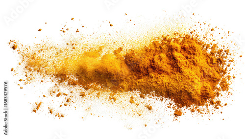 Fototapeta Naklejka Na Ścianę i Meble -  Spilled golden spice, a chaotic explosion of vibrant yellow and orange powder