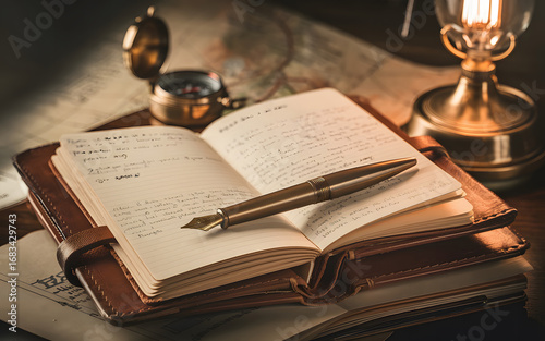 Vintage Journal with Pen and Compass, Inspiring Exploration. AI Generated