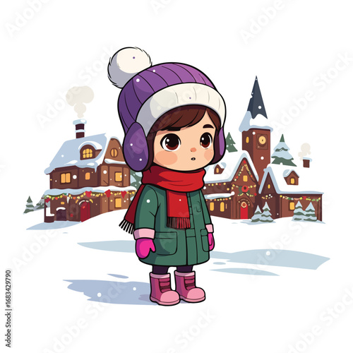 A cheerful little girl bundled in winter clothes stands smiling in the falling snow