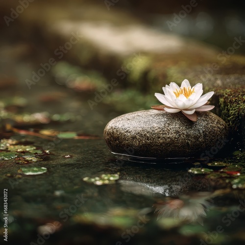 A white flower sitting on a rock in a pond