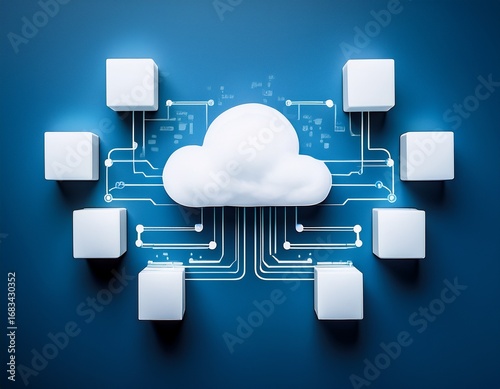 cloud computing concept with a white cloud and connected blocks on a blue background representing data storage and network communication