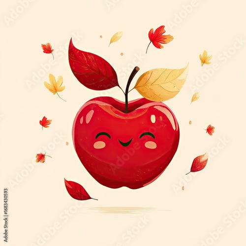 Cute red apple with autumn leaves (2)