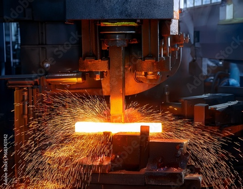 hot metal forging process with glowing steel bar pressed by industrial machine in factory