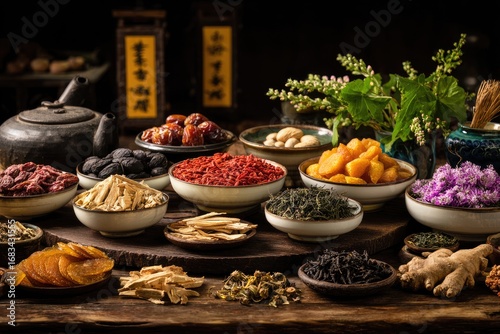 A vibrant collection of traditional Chinese medicine herbs and spices.
