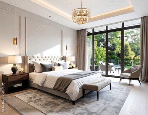 A luxurious master bedroom boasts a serene atmosphere with plush furnishings and expansive patio views.
