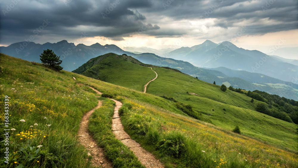 Fototapeta premium Winding trail through grassy hillside with dramatic mountains