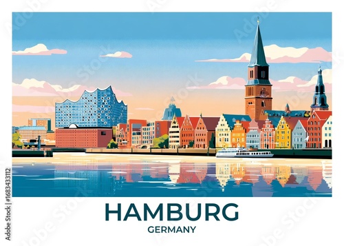 Hamburg, Germany Flat Retro Poster illustration, Landscape Travel Wall Art, Vintage High quality prints