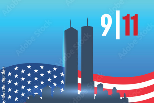 Vector illustration of Patriot Day September 11 with twin towers silhouette, American buildings, waving USA flag, and bright blue sky, perfect for banner or social media tribute.