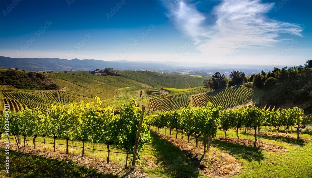 Obraz premium vineyards in a stunning landscape under a bright sunny sky create a beautiful scene the vibrant vineyards showcase the natural beauty of the landscape perfect for vineyard enthusiasts