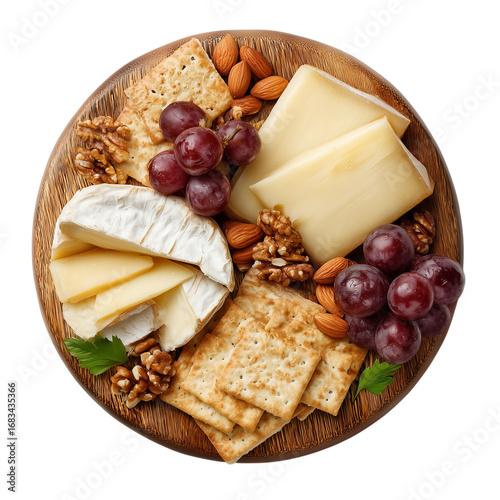 Artisan cheese board with gouda nuts grapes figs and crackers isolated on transparent background