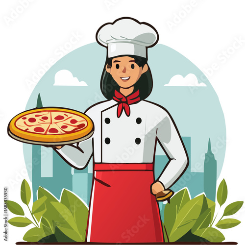 Chef holding pizza vector illustration