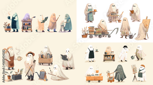 Whimsical ghost illustrations living everyday life with cozy clothes, books, gardening, and crafts, heartwarming fantasy artwork.