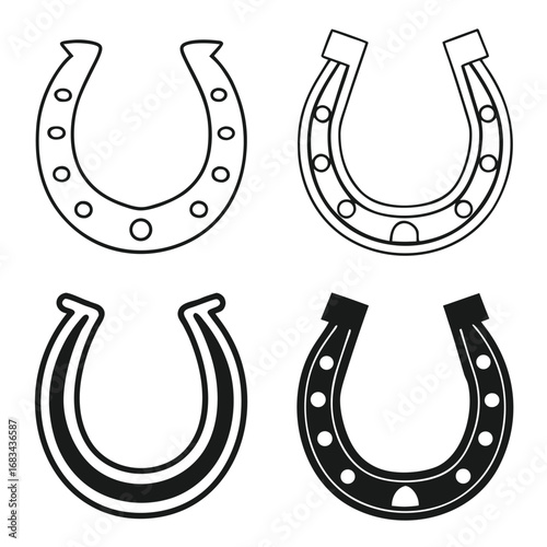 Four horseshoe icons in black and white showing different styles and designs of the lucky charm symbol
