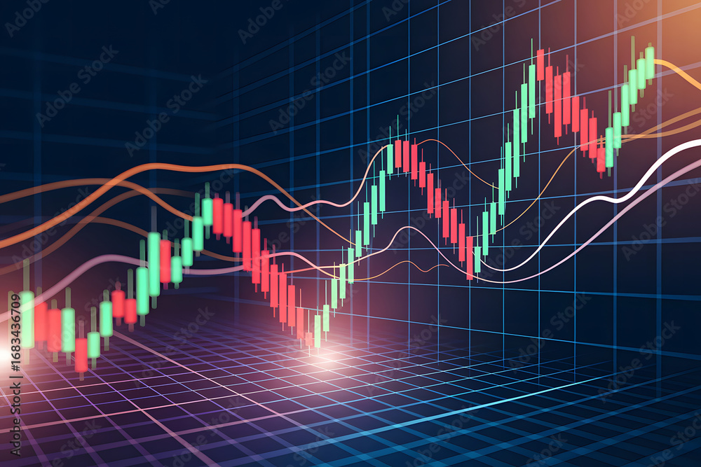 Fototapeta premium Digital Stock Market Candlestick Chart with Trend Lines & Grid Background. AI Generated
