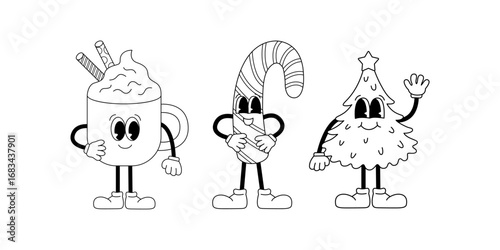 Christmas tree, candy cane and coffee latte retro characters. Vector outline illustration for coloring pages. Cute and funny groovy mascots