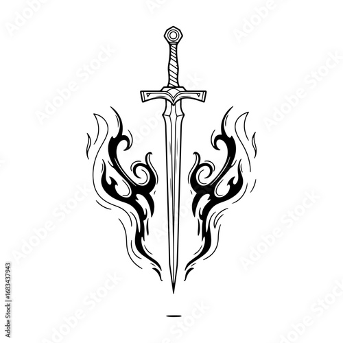 “Magic sword wrapped in a fiery peak vector illustration, quality material for fantasy stories, art posters, creative blog visuals and modern digital projects.
