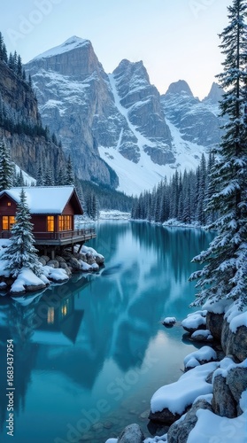 Serene Winter Sanctuary: A Lit Cabin on a Still, Turquoise Mountain Lake