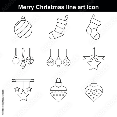 Merry Christmas decorative line art icons set with ornament balls star decorations and stocking vectors in outline style