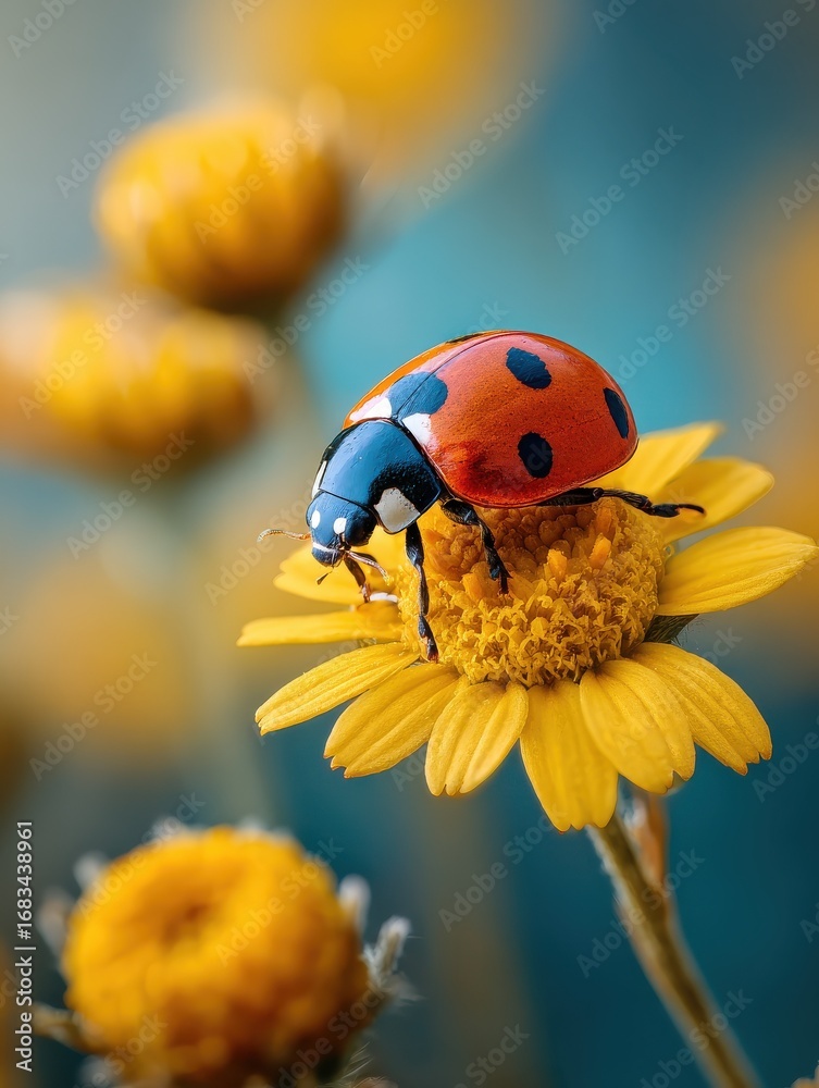 Fototapeta premium ladybug resting on vibrant yellow flower in natural light artificial intelligence image