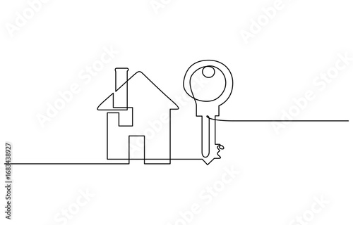 Continuous one line drawing of House and door keys vector illustration. Editable outline