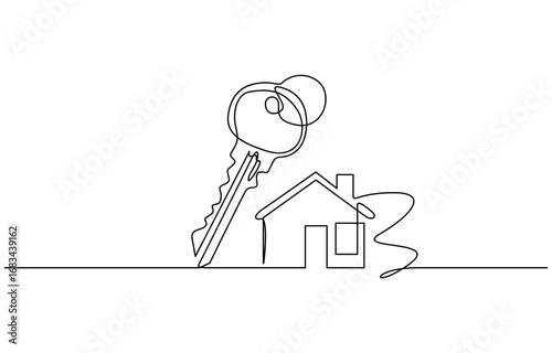 Continuous one line drawing of House and door keys vector illustration. Editable outline