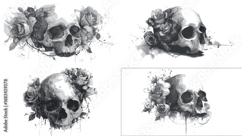 Dark ink illustration of skulls decorated with roses in black and white. Gothic tattoo style design perfect for edgy and artistic projects.