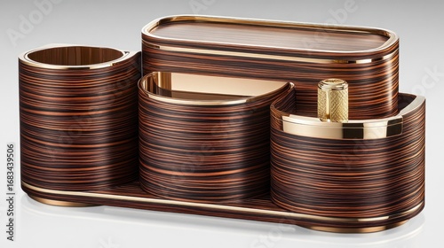 Elegant office desk organizer set with striped veneer and golden accents luxury design