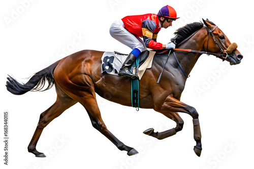 horse racing brown horse with number 8 isolated on a transparent background.PNG