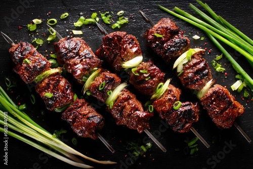 Grilled beef skewers with green onions on dark slate