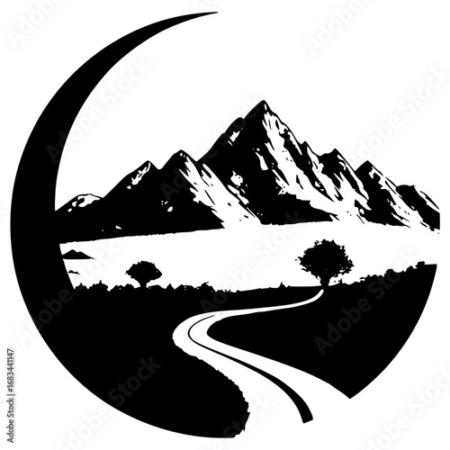 Logo of mountains with forests and meadow in a round ball
