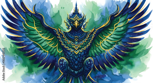 Symmetrical illustration of a divine avian beast with ornate golden details and watercolor wings