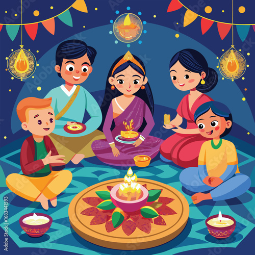 Kids having a fun birthday party at night with a cake and food
