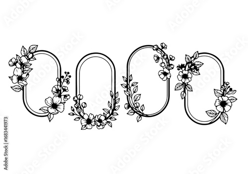 Abstract floral frame with ornate letter A surrounded by decorative vintage flowers and leaves