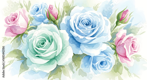 Elegant watercolor bouquet of delicate pastel blue and pink roses. A beautiful floral arrangement with a soft, romantic feel