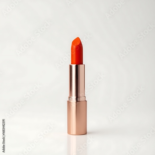 Vibrant orange lipstick tube with golden casing on a clean white surface