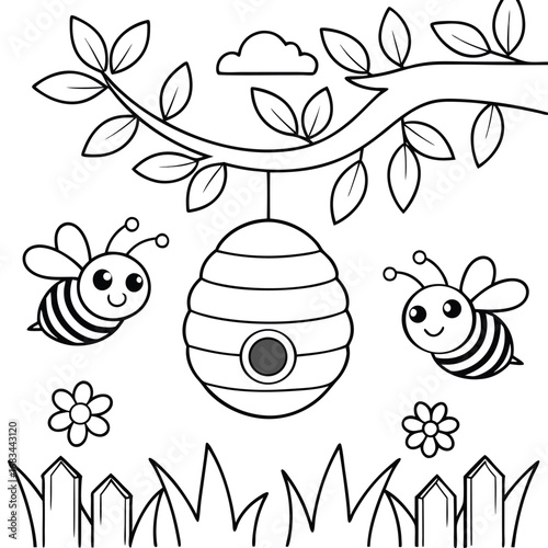 Black Silhouette of Cute Cartoon Bees and Beehive Coloring Page Fun Black and White Line Art for Kids
