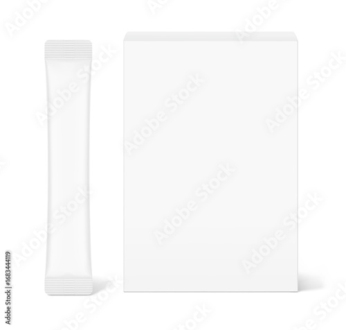 Blank package stick mockup with paperboard box mockup. Front view. Vector illustration isolated on white background. Can be use for food, cosmetic, medicine and etc. EPS10.