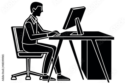  Man working on PC silhouette vector illustration.