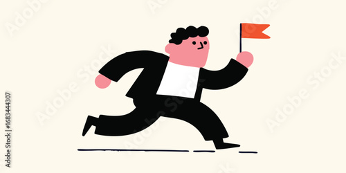 An illustration of a determined individual, racing toward a goal, flag in hand, with a focus on ambition and progress.