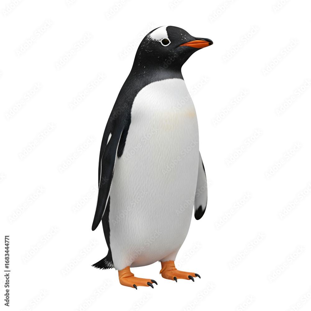 Obraz premium Gentoo Penguin Standing Profile View Isolated on Black Background bird animal isolated on a transparent background