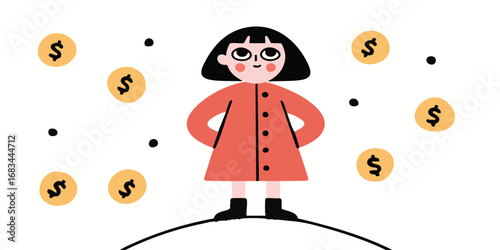 A determined girl stands confidently amidst a shower of golden coins, her posture and gaze exuding a sense of prosperity and ambition.