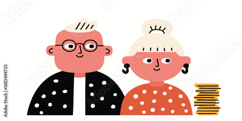 An elderly couple stands confidently, and there's a stack of coins. It's a cute illustration about financial stability and future planning. 