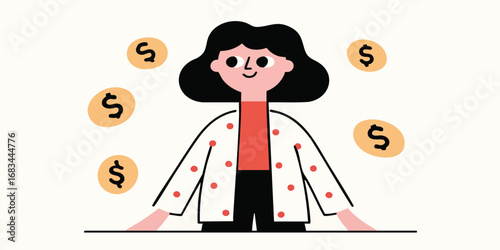 An illustrated woman surrounded by golden coins, visualizing the pursuit of financial stability and prosperity, radiating optimism and illustrating the potential for growth.