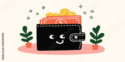 An adorable wallet brimming with coins and currency, capturing the essence of financial well-being and monetary success. 